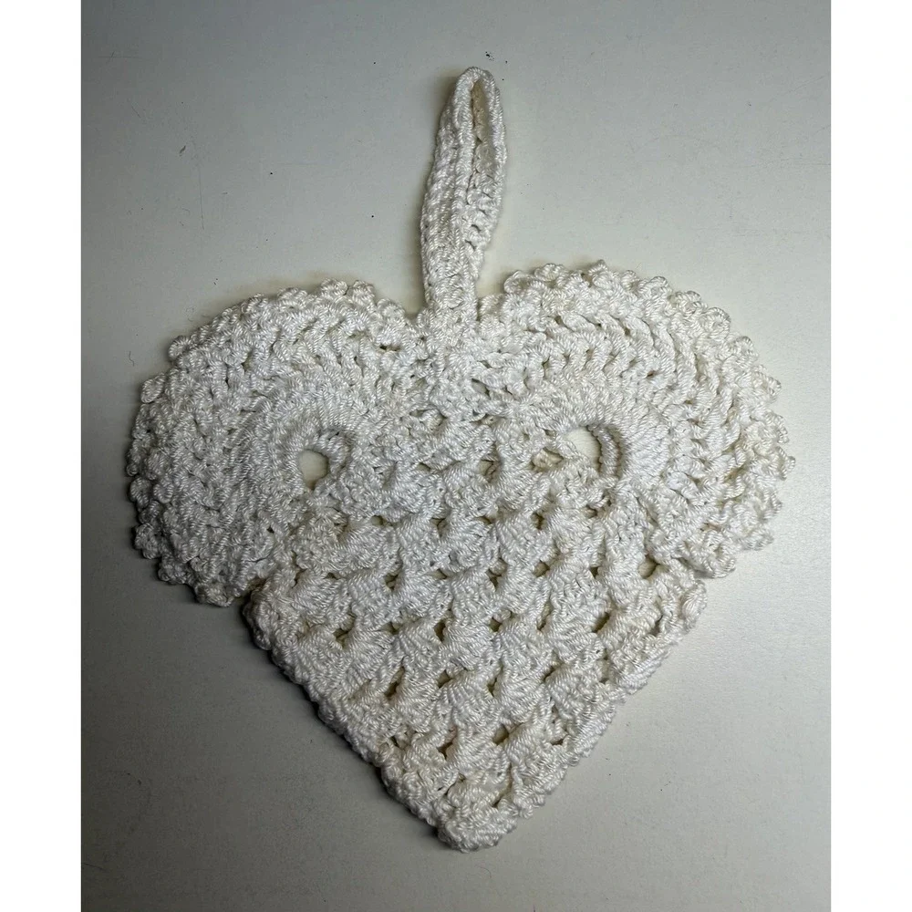 Vintage Hand Crocheted Heart Sachet Ornaments Red White Hanging Decor Lot of 3